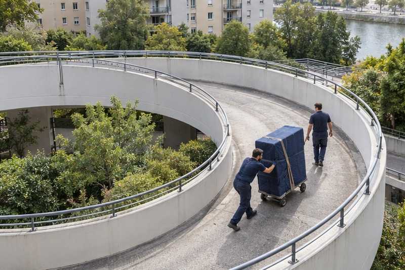 Armoire guidée dans une rampe en spirale : chantier Rue de la Grange au Prieur