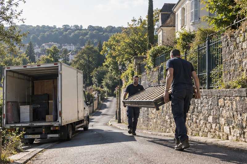Lit porté dans une rue en pente : chantier Rue de l’Enfer