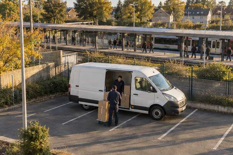 Fourgon garé près d’une gare de banlieue : chantier Rue de la Brèche