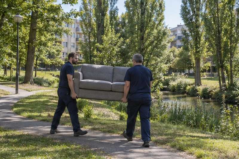 Canapé porté dans un parc arboré : chantier Rue de la Folie