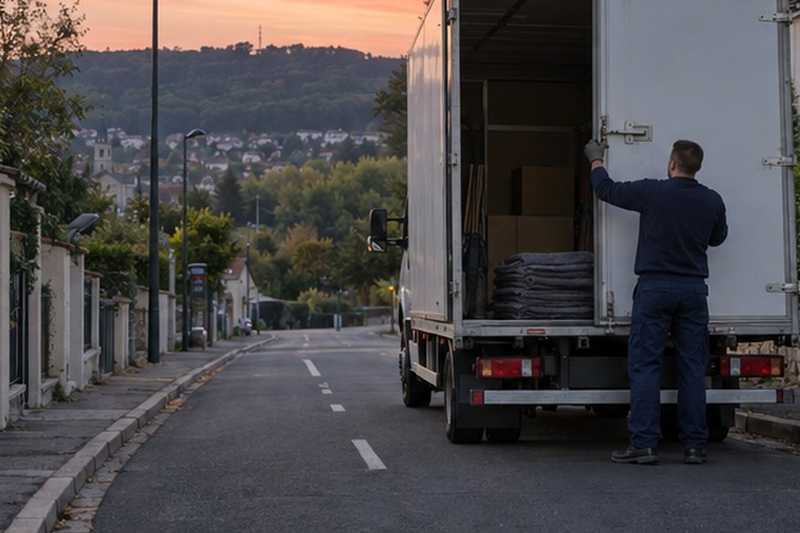 Camion fermé au crépuscule : chantier Grande Rue