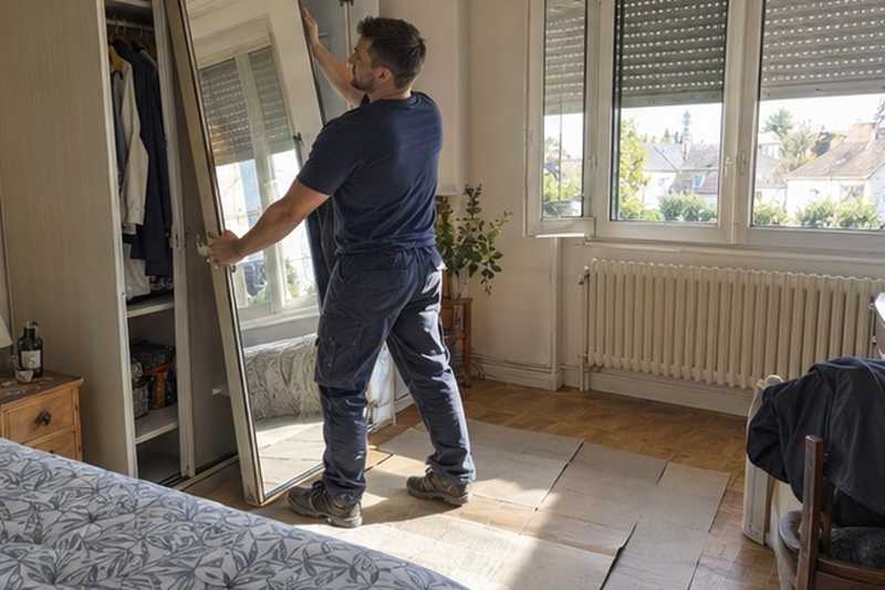 Porte d’armoire déposée à l’étage