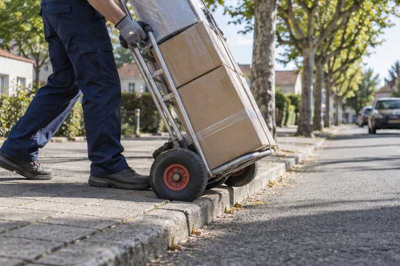 Diable descendant une bordure de trottoir : chantier Rue d’Auvers