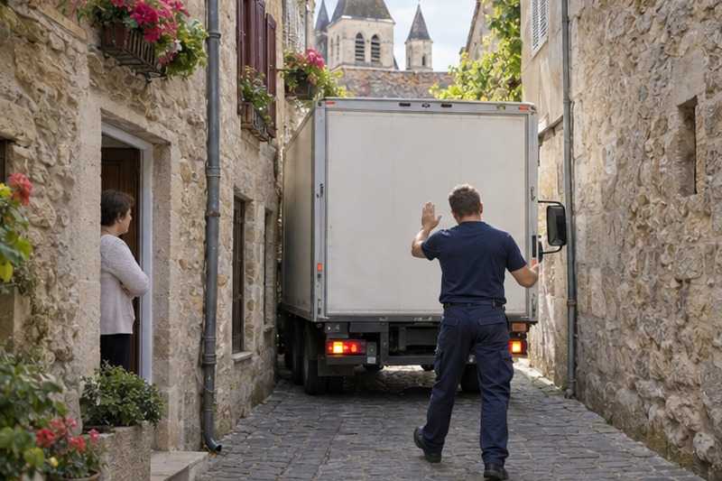 Camion guidé dans une rue étroite : chantier Rue de Chagrenon