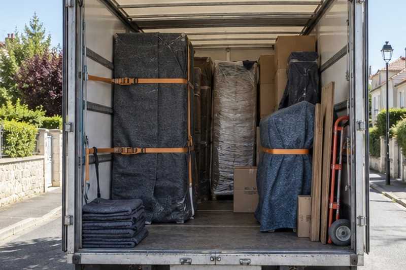 Meubles sanglés dans la caisse du camion