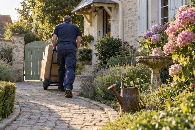 Diable sur un chemin de jardin fleuri : chantier Rue Caporal Chef Seillier