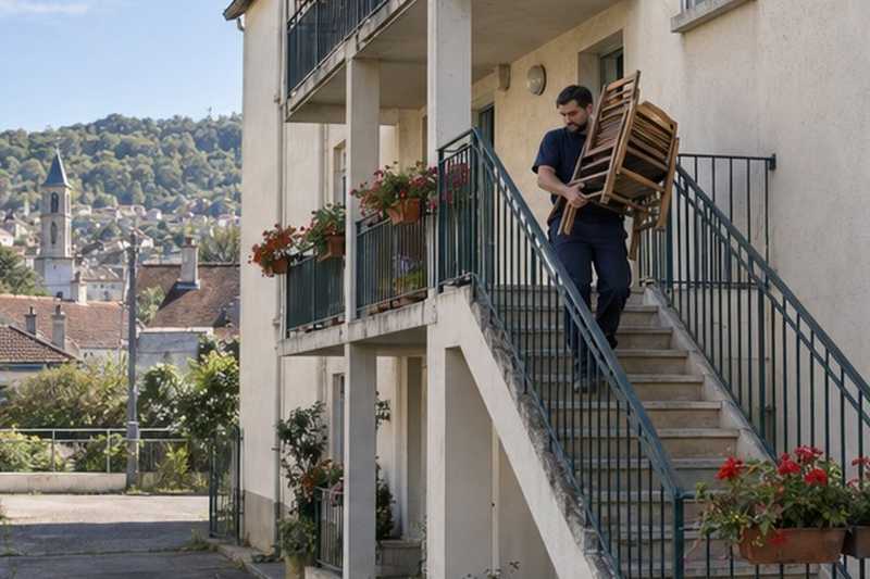 Chaises descendues par l’escalier de service : chantier Rue de la Commune de Paris
