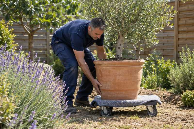 Olivier en pot soulevé au jardin : chantier Rue Ambroise Paré