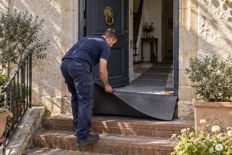 Tapis de protection sur le bord des marches : chantier Rue de Gaillard