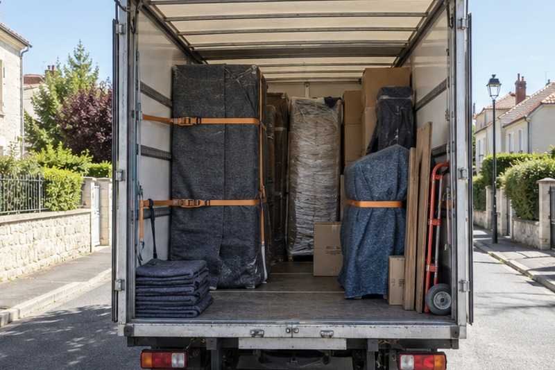 Meubles sanglés dans la caisse du camion