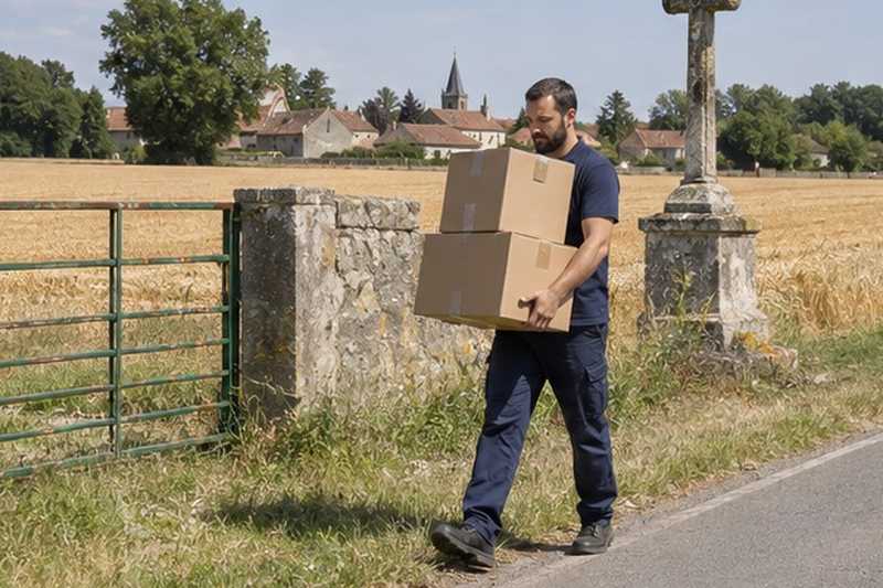 Cartons portés au bord d’une route de hameau : chantier Rue d’Arpajon