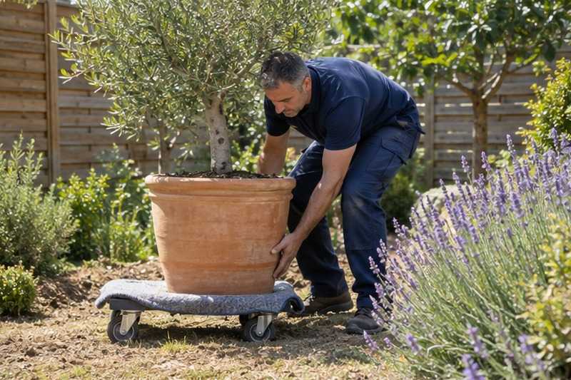 Olivier en pot soulevé au jardin : chantier Rue de la Gare