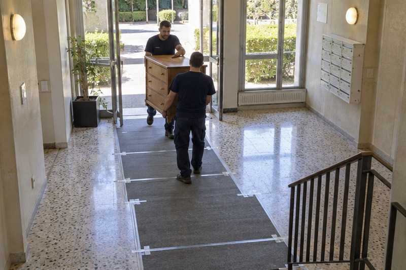 Hall protégé par des tapis : chantier Rue de la Garenne