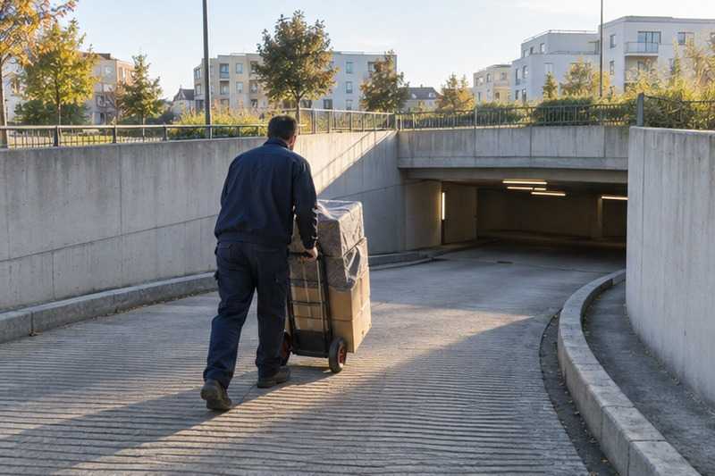 Chariot descendant la rampe d’un parking : chantier Rue des Grands Prés