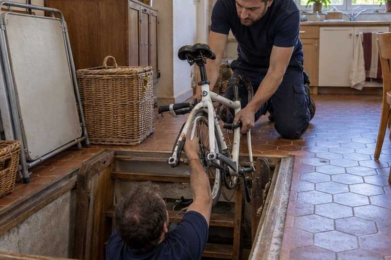 Vélo passé par une trappe de cave : chantier Rue de la Longue Raie