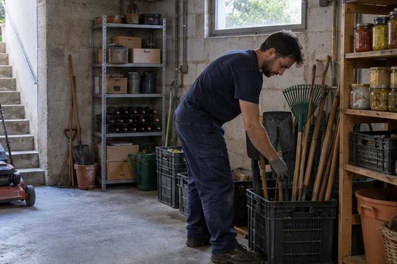 Tri des outils dans un sous-sol de pavillon : chantier Rue de la Mare à Blot