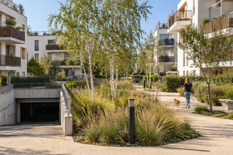 Résidence récente et jardin intérieur