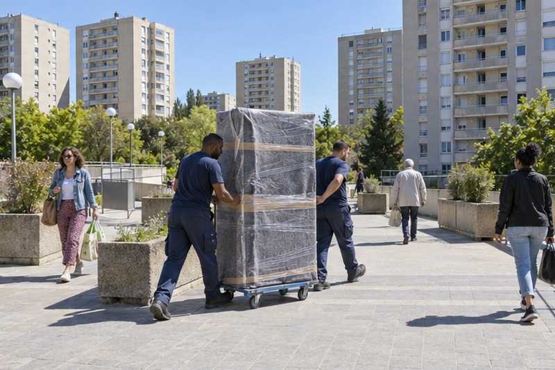 Armoire roulée sur une dalle piétonne : chantier Rue Bizet