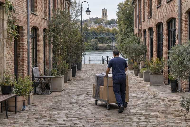 Chariot sur les pavés d’une cour d’ateliers : chantier Rue de la Brie