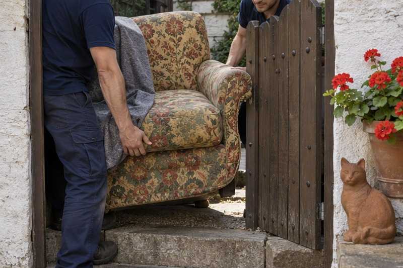 Fauteuil glissé par un portillon de cour : chantier Rue Aristide Briand