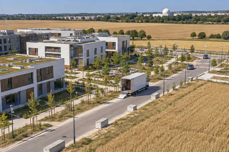 Camion au pied d’une résidence neuve du plateau : chantier Rue des Coquelicots