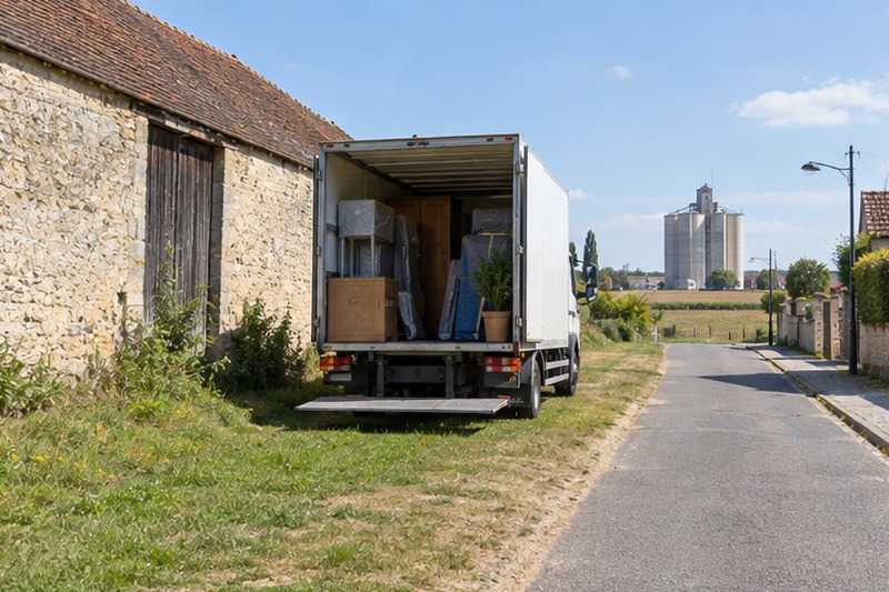 Camion arrêté dans une rue de village agricole : chantier Rue Claude Debussy