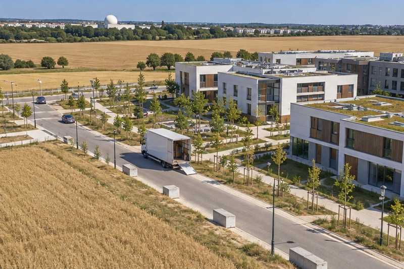 Camion au pied d’une résidence neuve du plateau : chantier Rue de Carcassonne