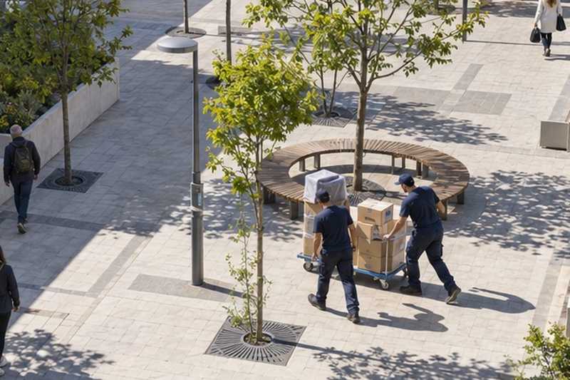 Chariot sur le parvis d’un centre urbain : chantier Allée du Mantois