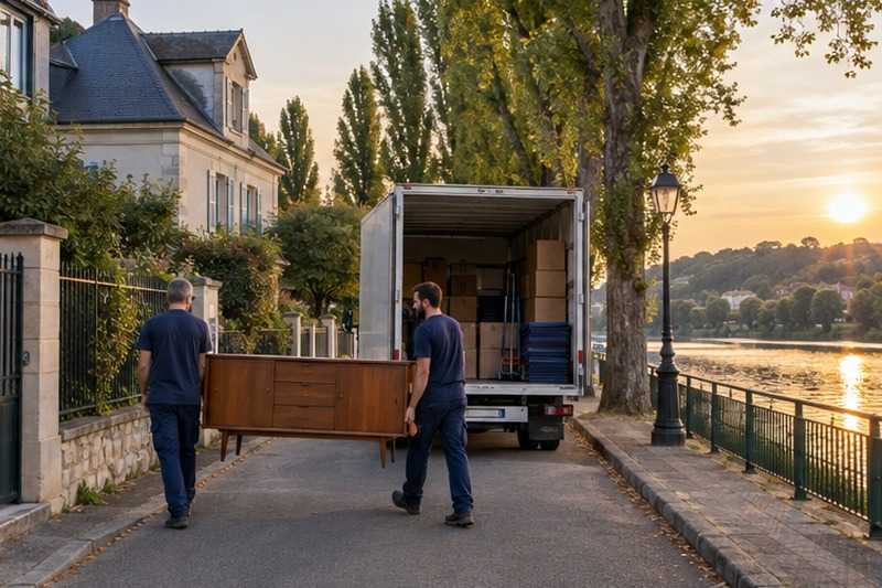 Camion garé en bord de fleuve : chantier Rue Albert Chaudun