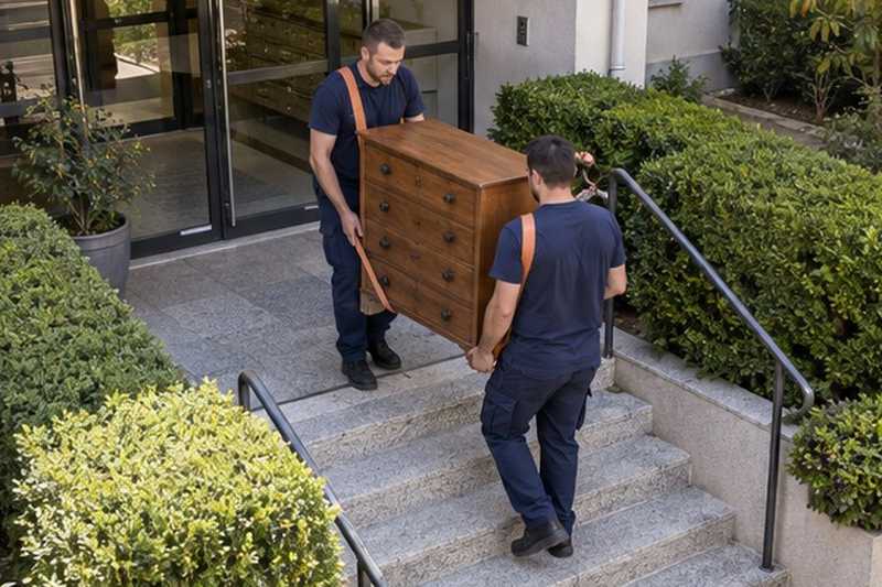 Commode sanglée sur des marches : chantier Rue de l’Horloge