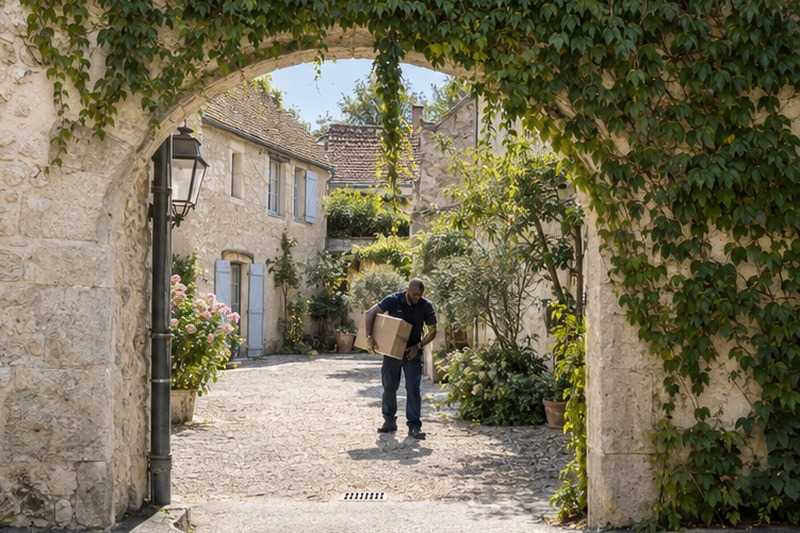 Passage voûté vers une cour de village : chantier Rue de la Berge