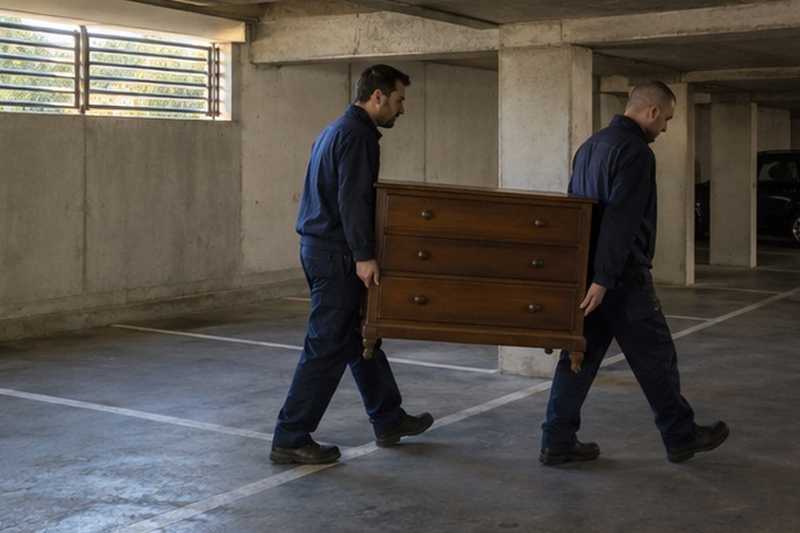 Commode portée entre les places vides : chantier Rue de la Butte