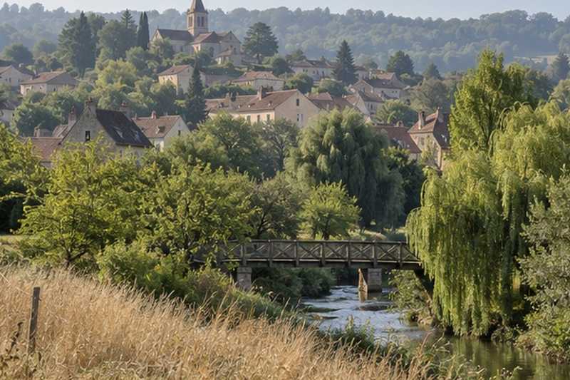 Vallée boisée et toits du village