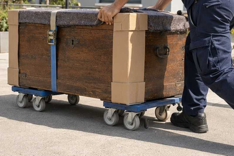 Chariots plats sous un coffre lourd : chantier Rue Beausejour