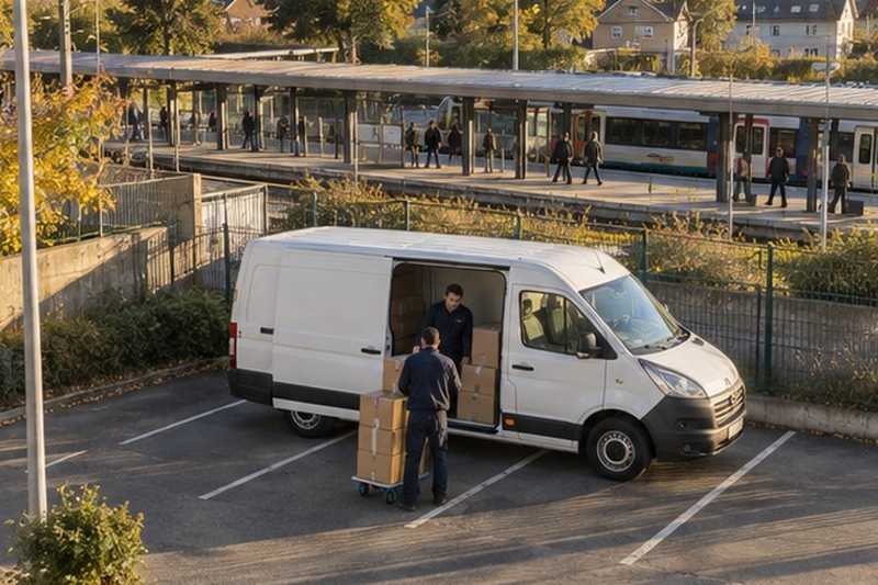 Fourgon garé près d’une gare de banlieue : chantier Rue de l’Église
