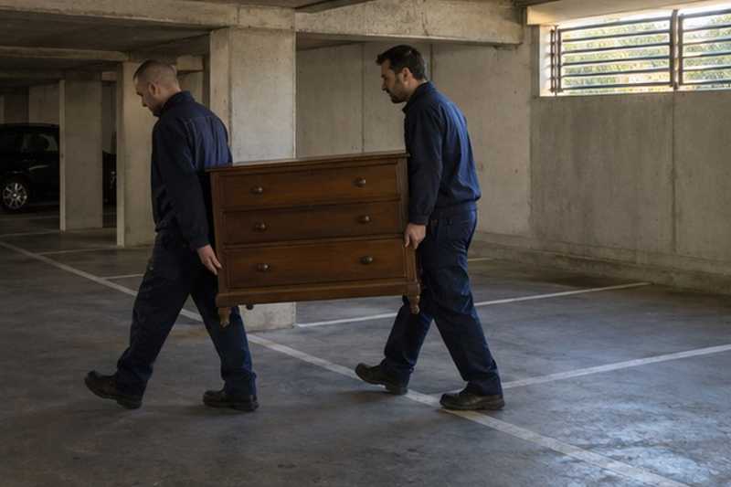 Commode portée entre les places vides : chantier Grande Rue