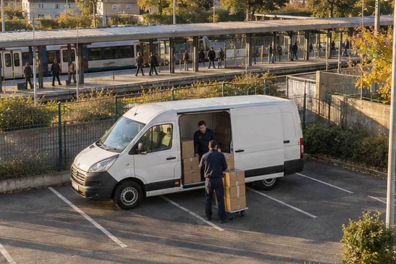 Fourgon garé près d’une gare de banlieue : chantier Rue de l’Ardenet