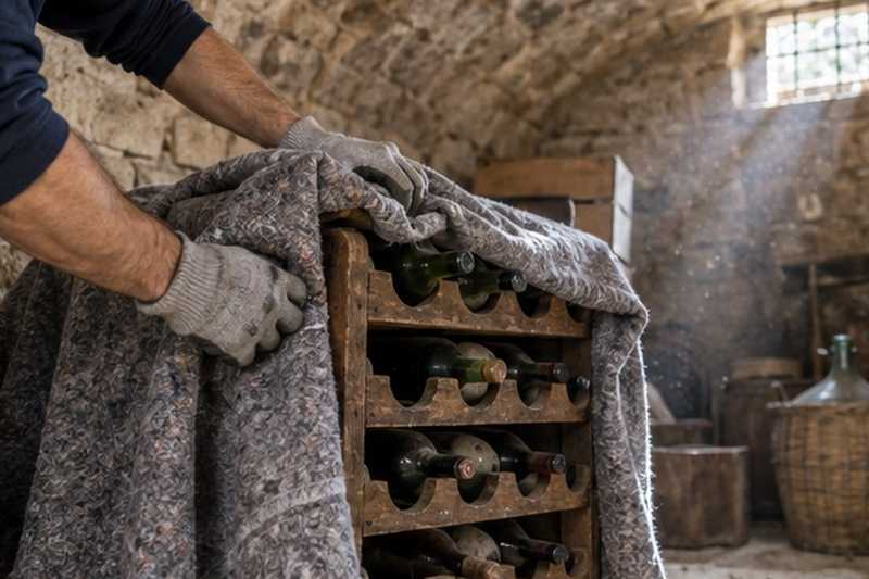 Casier à bouteilles emballé en cave voûtée : chantier Rue de Chouanville