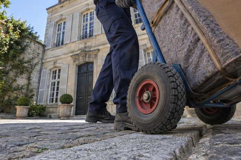 Diable sur le caniveau d’une cour ancienne : chantier Rue de l’Aunette