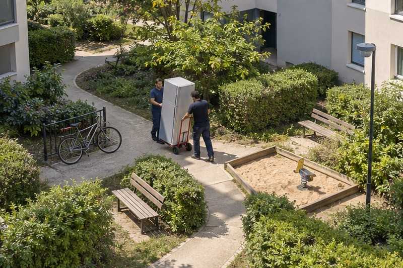 Réfrigérateur roulé entre les bancs : chantier Rue des Basses Corneilles