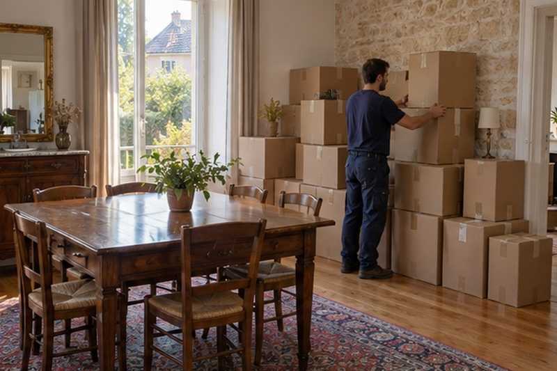 Salle à manger remplie de cartons