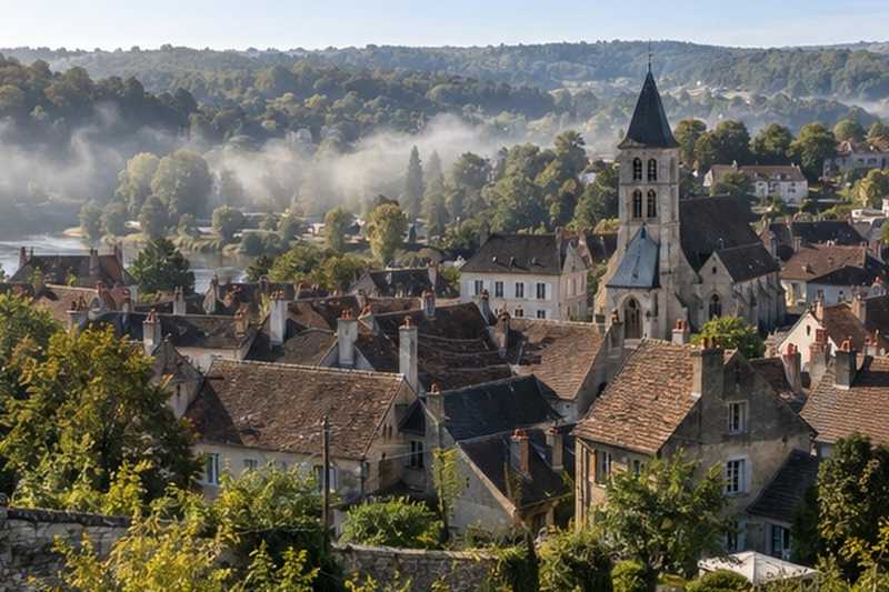 Toits d’une petite ville au matin