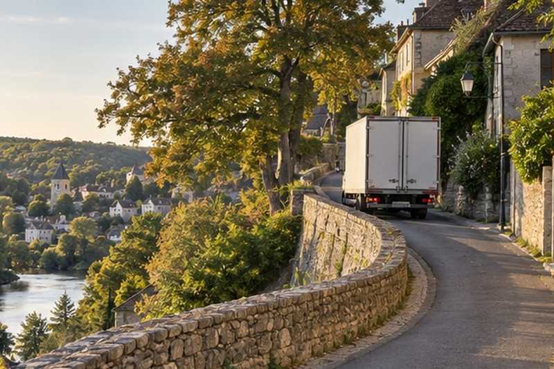 Camion montant une côte de vallée : chantier Rue de Gaillon