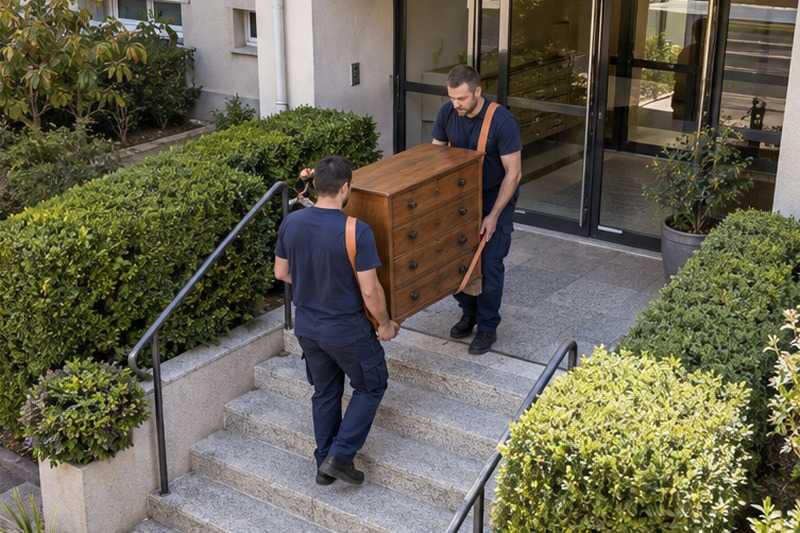 Commode sanglée sur des marches : chantier Rue de l’Église