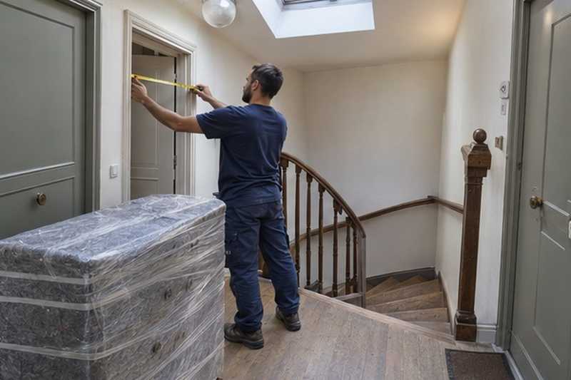 Mesure d’un chambranle sur le palier : chantier Rue de la Chenaie