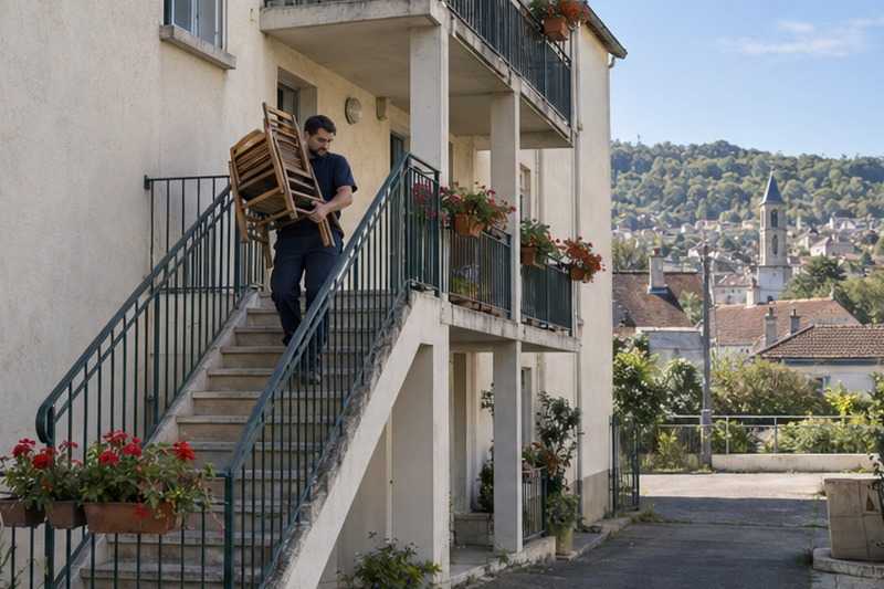 Chaises descendues par l’escalier de service : chantier Rue de la Gare