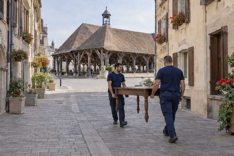 Table portée dans une rue piétonne ancienne : chantier Rue Appert