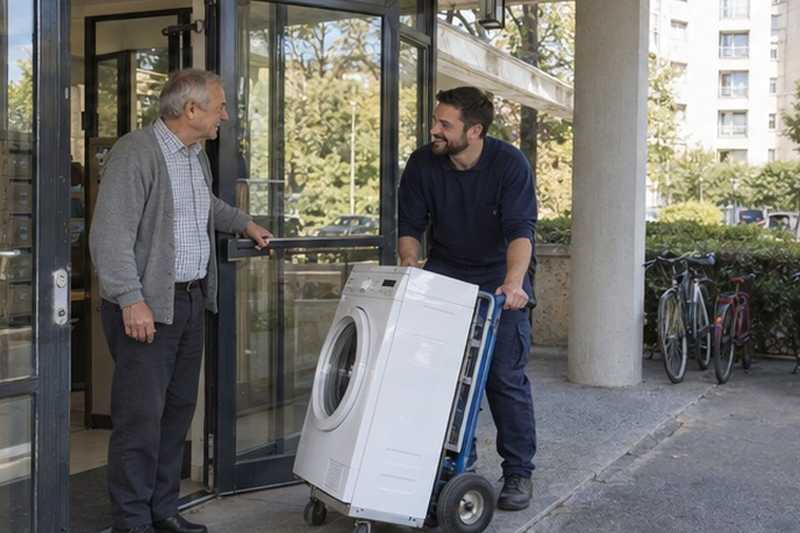 Gardienne tenant la porte du hall : chantier Rue Aristide Briand