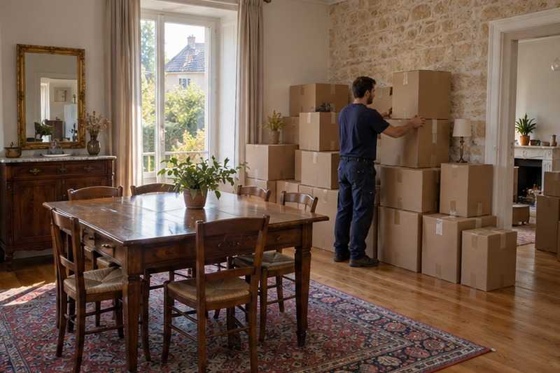Salle à manger remplie de cartons