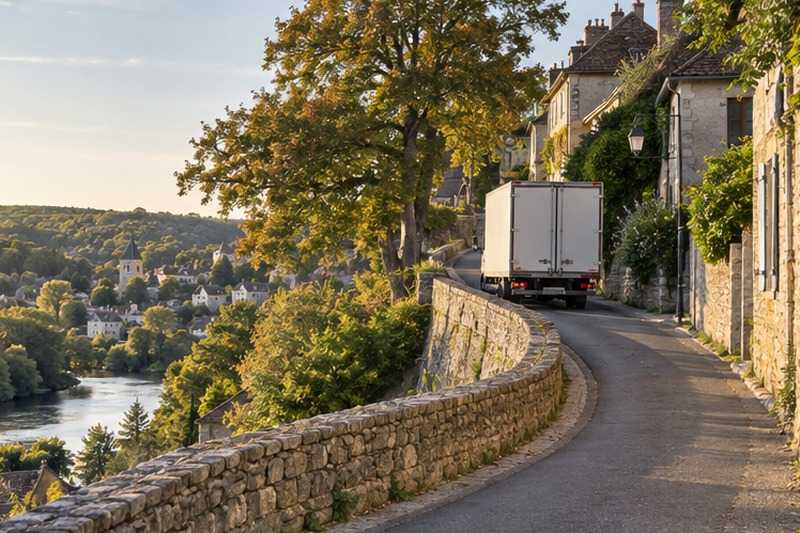 Camion montant une côte de vallée : chantier Avenue de l’Orangerie